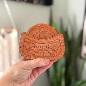 VTG 70s Tooled Leather Coaster Set Handmade Tourist Souvenir Paraguay
